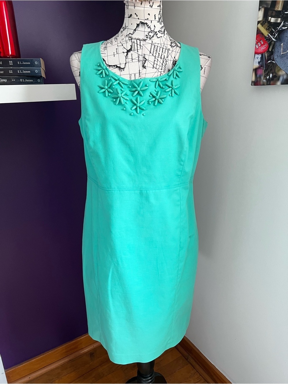 7 for $30 Rafaella Aqua Embellished Sleeveless Midi Dress
